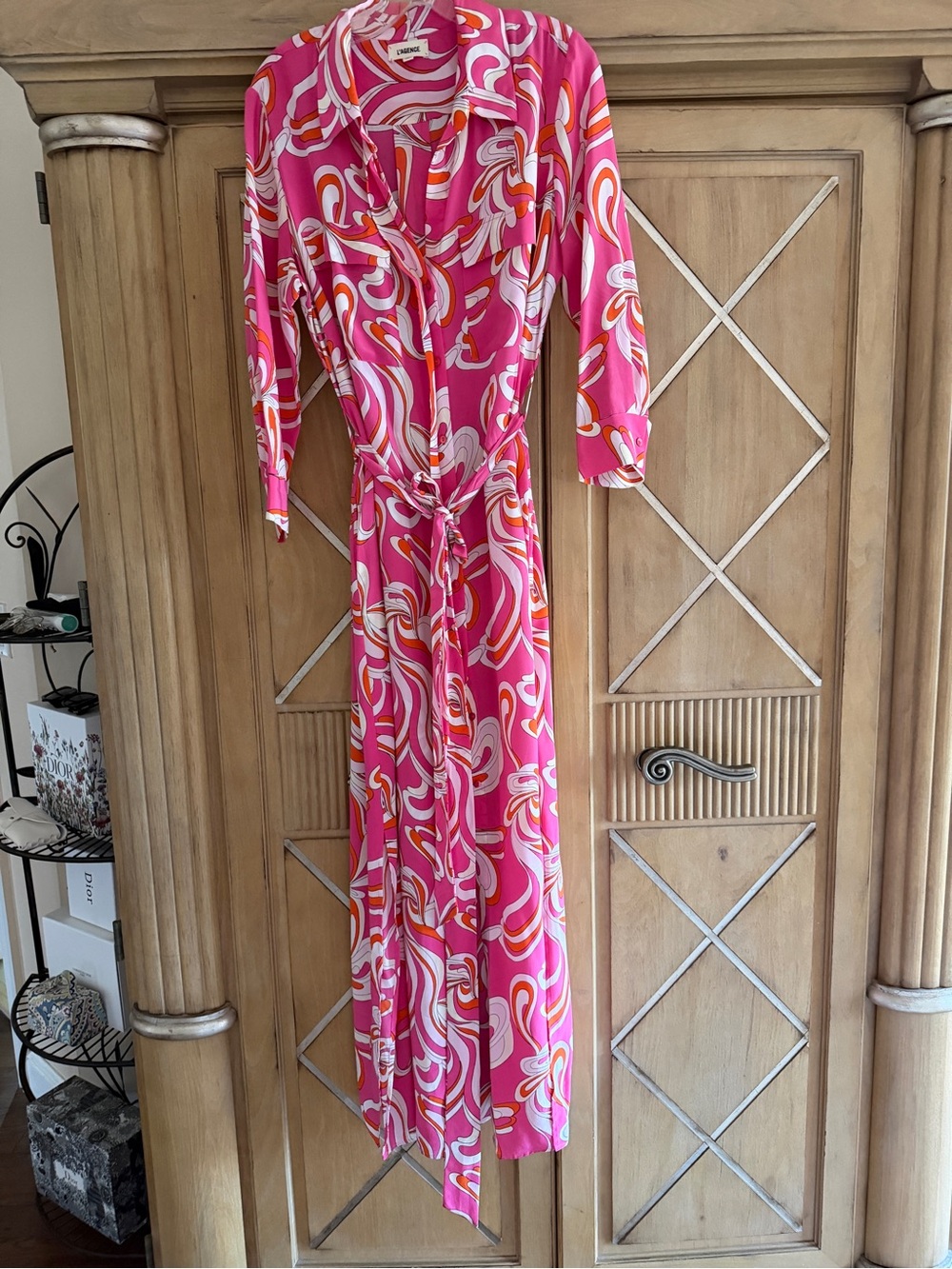 L'AGENCE Pink  & White Swirl Maxi Shirt Dress